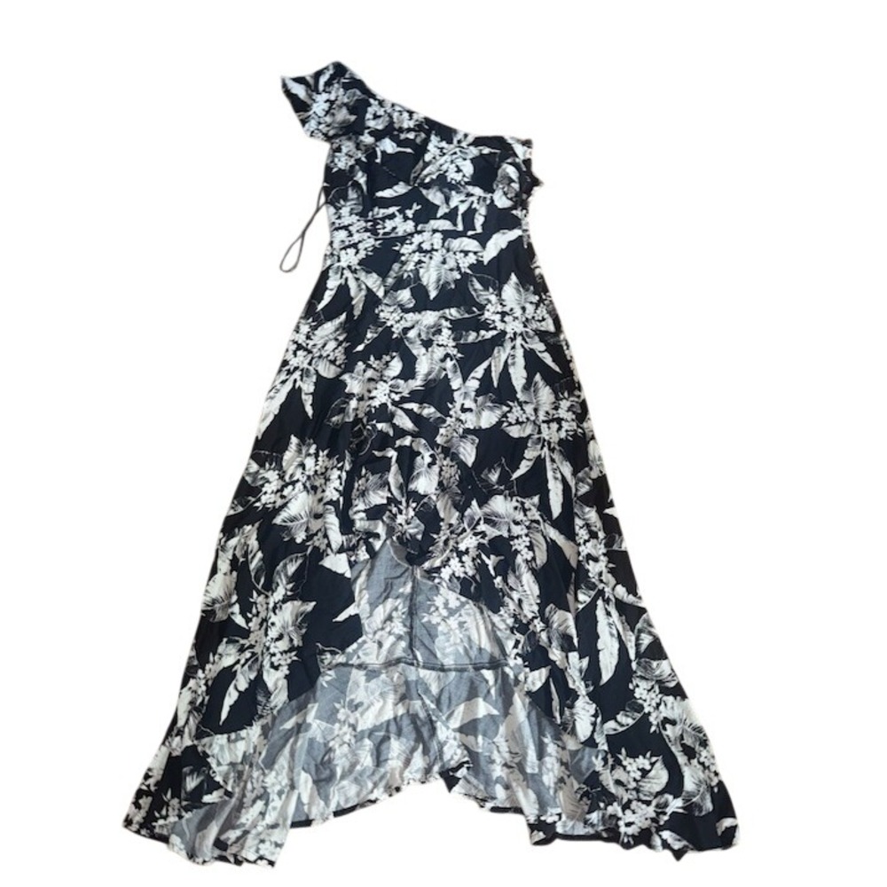 One Shoulder Tropical Floral Maxi Dress Black White High Low Ruffle Summer M